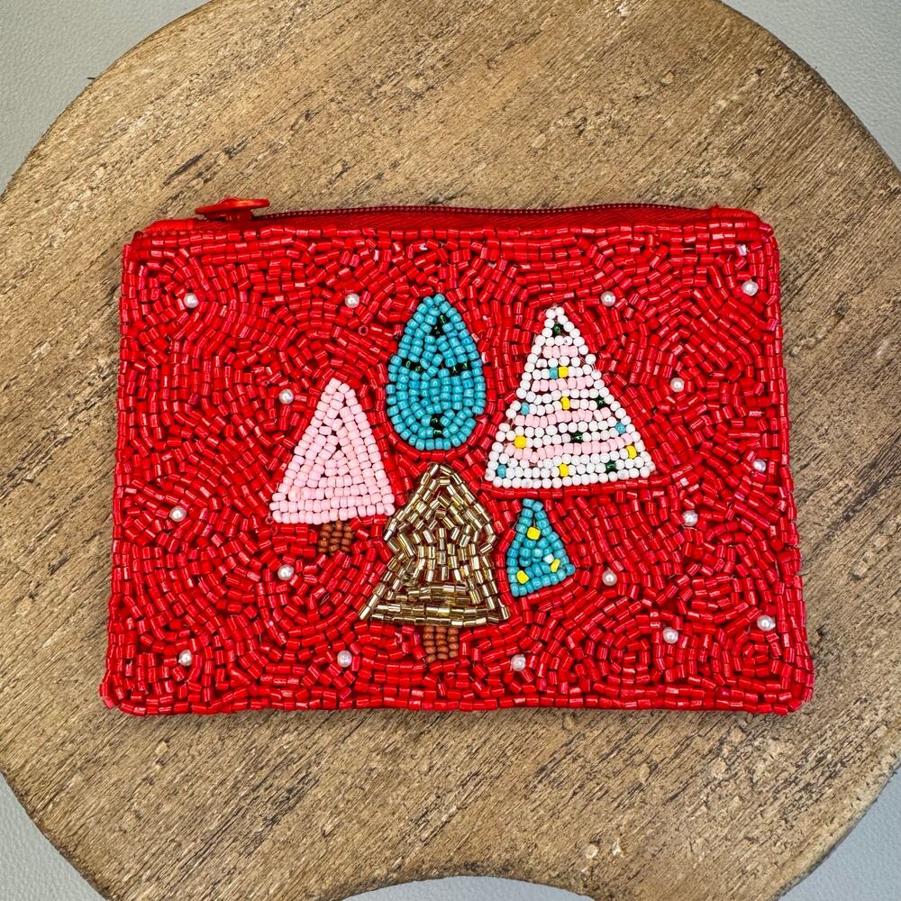 Beaded Holiday Red Coin Purse Christmas Tree Stocking Travel Pouch NEW FAST SHIP